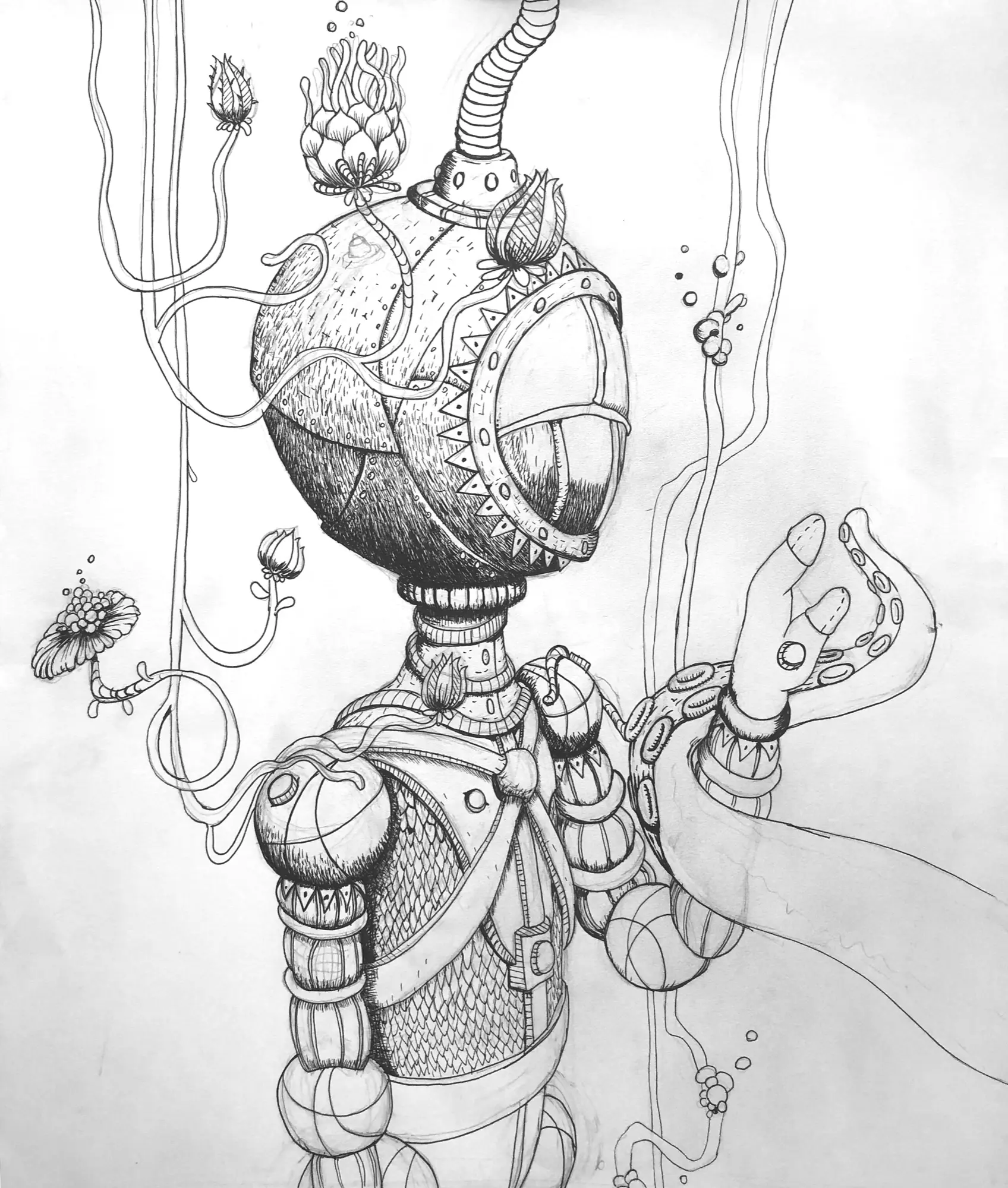 Graphite and ink study of the diver: a bulbous ornamented helmet with a sawtooth ring around one large oval faceplate, a ribbed air-tube rising from the crown, seed-pod joints at shoulder and elbow, buds and blossoms growing through the suit, one open hand meeting a sucker-lined tentacle.