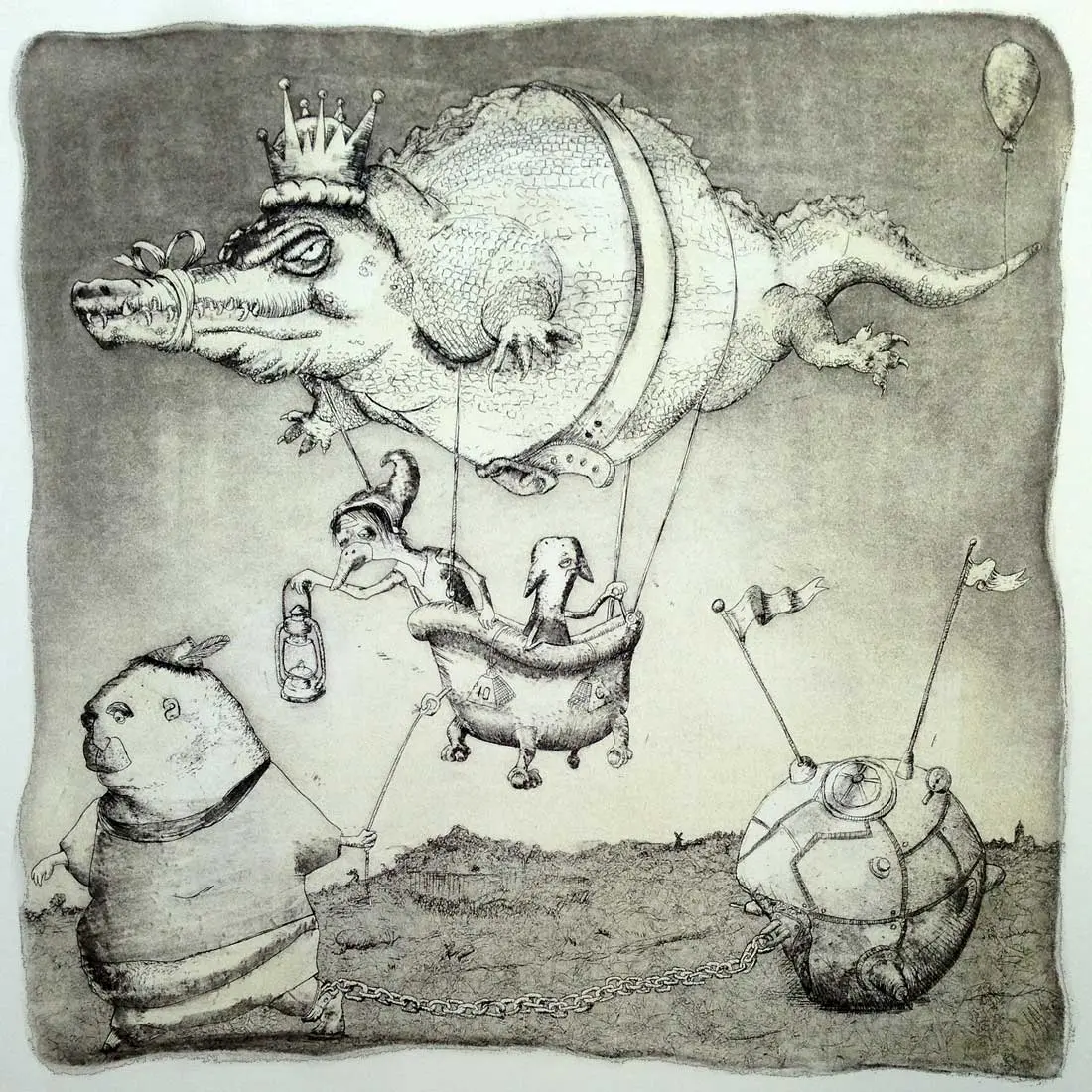 Copper etching: a crocodile wearing a crown serves as a dirigible, a bathtub gondola of long-necked birds slung beneath it on lines; a round walking figure tows a chained diving-bell machine across a scrubby field, and a bird in a soldier's cap holds up a lantern. A single balloon floats at the corner.