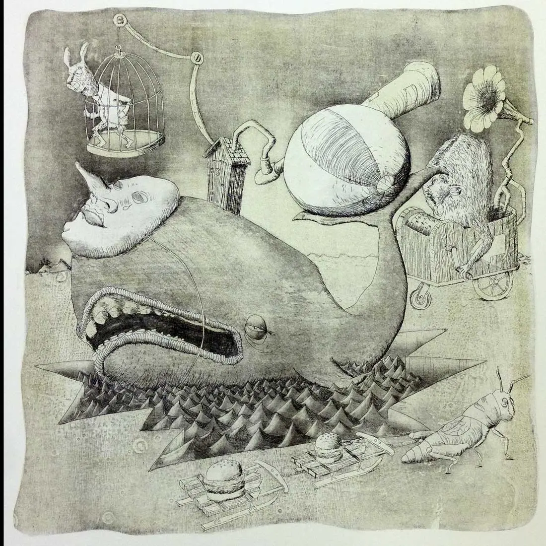 Copper etching: a whale-bodied figure with a grimacing human face lies beached on a field of small sharp teeth; above it a rabbit paces in a hanging birdcage, a beach ball rests on the whale's back, a rat works a gramophone-flower from a wooden cart, and a grasshopper hauls hamburgers on sleds.