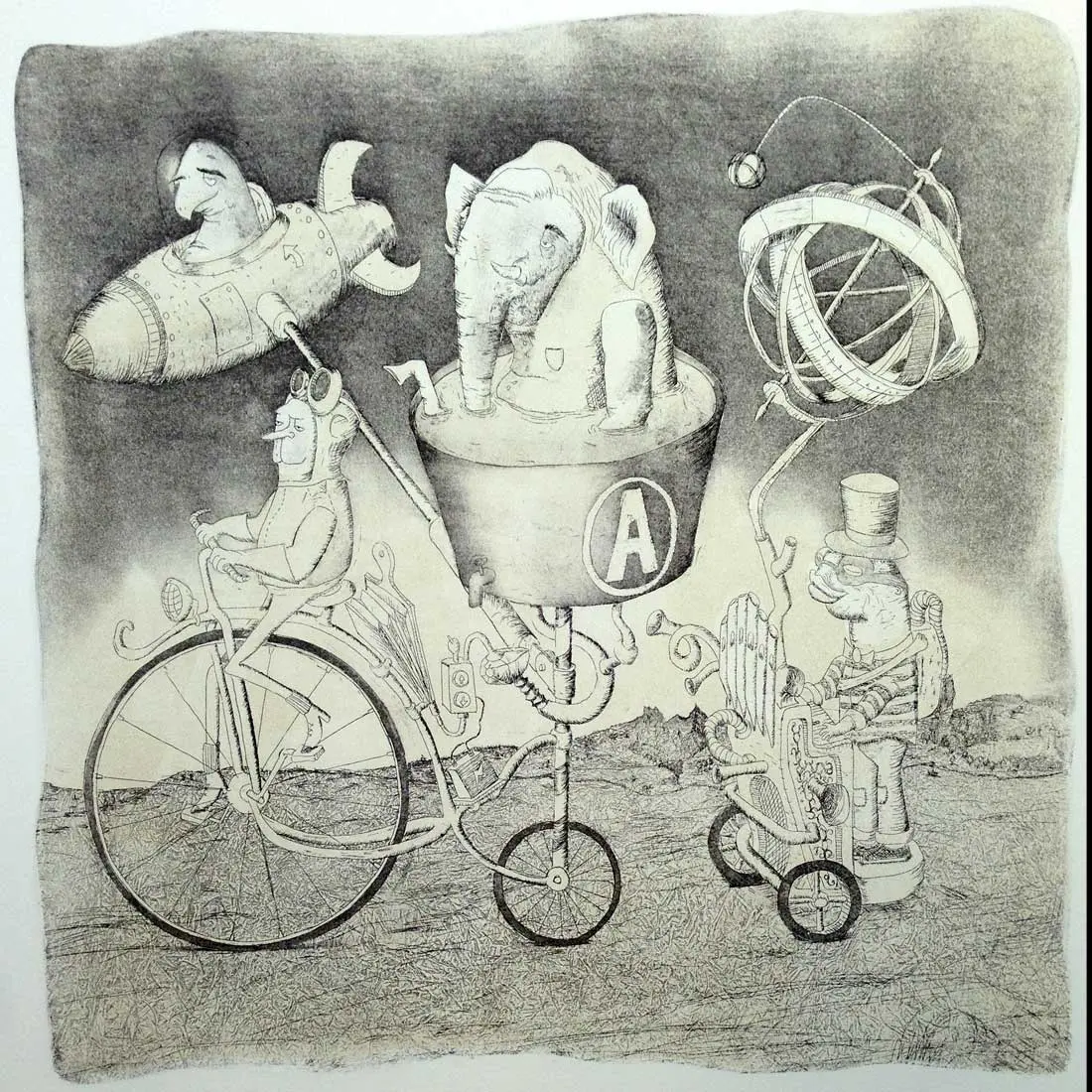 Copper etching: a goggled monkey rides a high-wheel bicycle that carries a tub marked A with an elephant standing in it; a bird pilots a finned rocket overhead, an armillary sphere floats on a stalk, and a masked monkey in a top hat drives a machine tricycle.