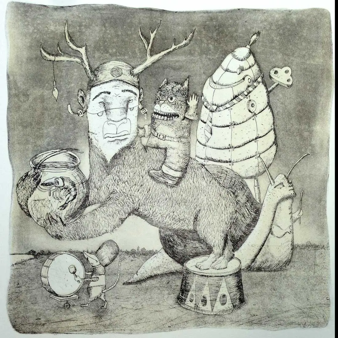 Copper etching: a melancholy antlered giant on all fours holds a fishbowl with a shrimp inside while a fanged cat-imp in a collar rides its back; beside them stands a riveted machine shaped like a beehive with a wind-up key, a snail holds drumsticks, and a mouse beats a bass drum. One hind foot rests on a circus pedestal.