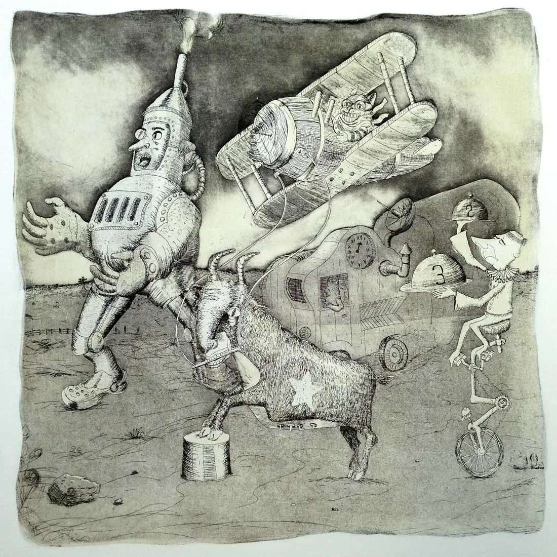 Copper etching: a tin-man machine strides across a plain, its chimney smoking, while a grinning cat flies a barrel-bodied biplane on strings tied to a star-marked bull; a clock-faced camper wagon sits behind, and a ruffed clown on a unicycle balances numbered serving cloches.
