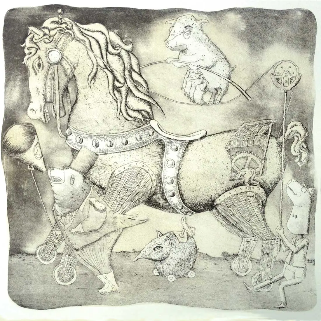 Copper etching: a great carousel horse with armored wooden legs on small wheels fills the frame; a pig walks a tightrope above with a whip over its piglets, a bear in top hat and tails leads the horse, a small pig-toy rolls on casters, and a bag-headed figure carries a mirrored staff.