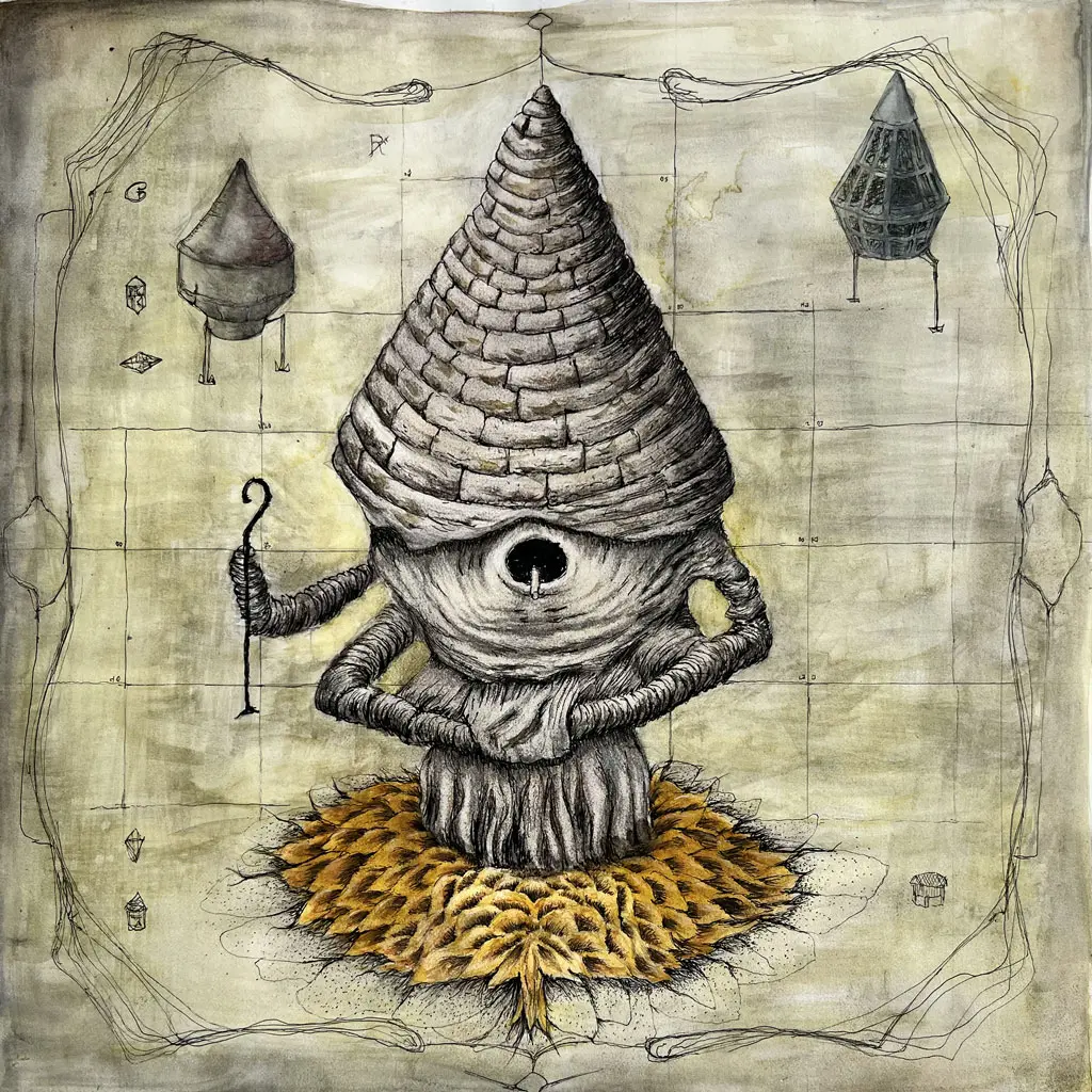 Ink and watercolor field plate: a seated creature with a coiled-straw beehive for a head, its dark hive-mouth serving as a single eye, holding a shepherd's crook, on a disc of golden sunflower heads.