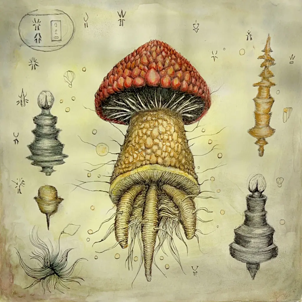 Ink and watercolor field plate: a red-capped mushroom whose scaly stem descends into insect-like walking roots, ringed by marginal studies of smaller cap and totem forms and scattered spore-marks.