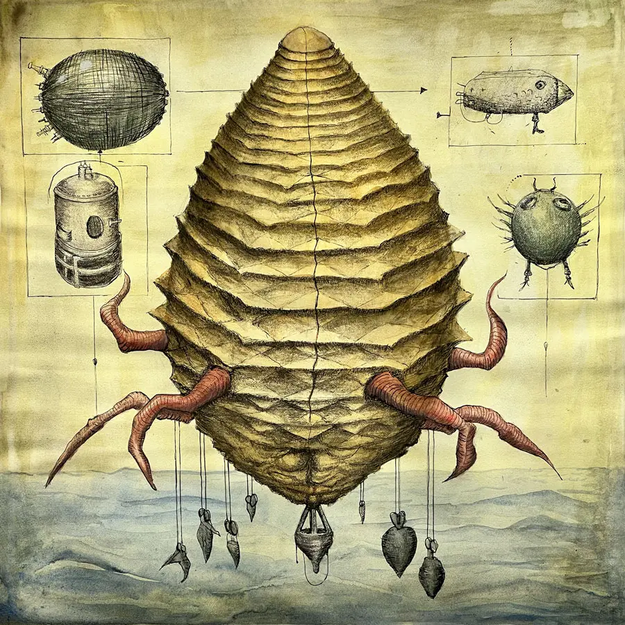 Ink and watercolor field plate: a large ribbed seed-nest with red insect legs drifting above a waterline, trailing pendant plumb-shaped pods that graze the surface; corner insets diagram a dirigible and a mite.
