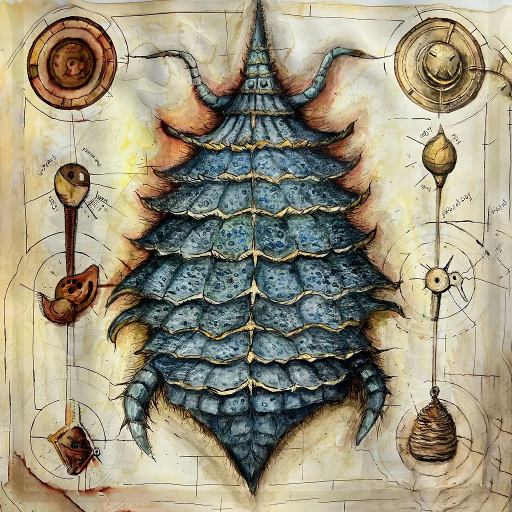Ink and watercolor field plate: a blue-grey spired, scaled shell-creature with clawed feet and two curling horns, set inside faint orrery circles with marginal roundel studies of crown, horn, and posture.