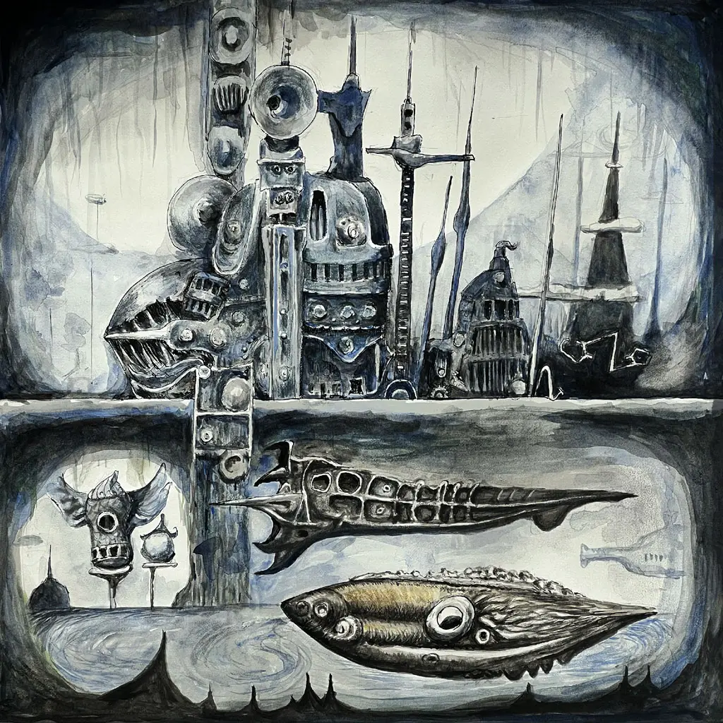Grisaille ink plate in two registers: above, a dark skyline of totem-like machine forms; below, an under-ice cavern of fish-shaped vessels and a masked figure raised on posts.