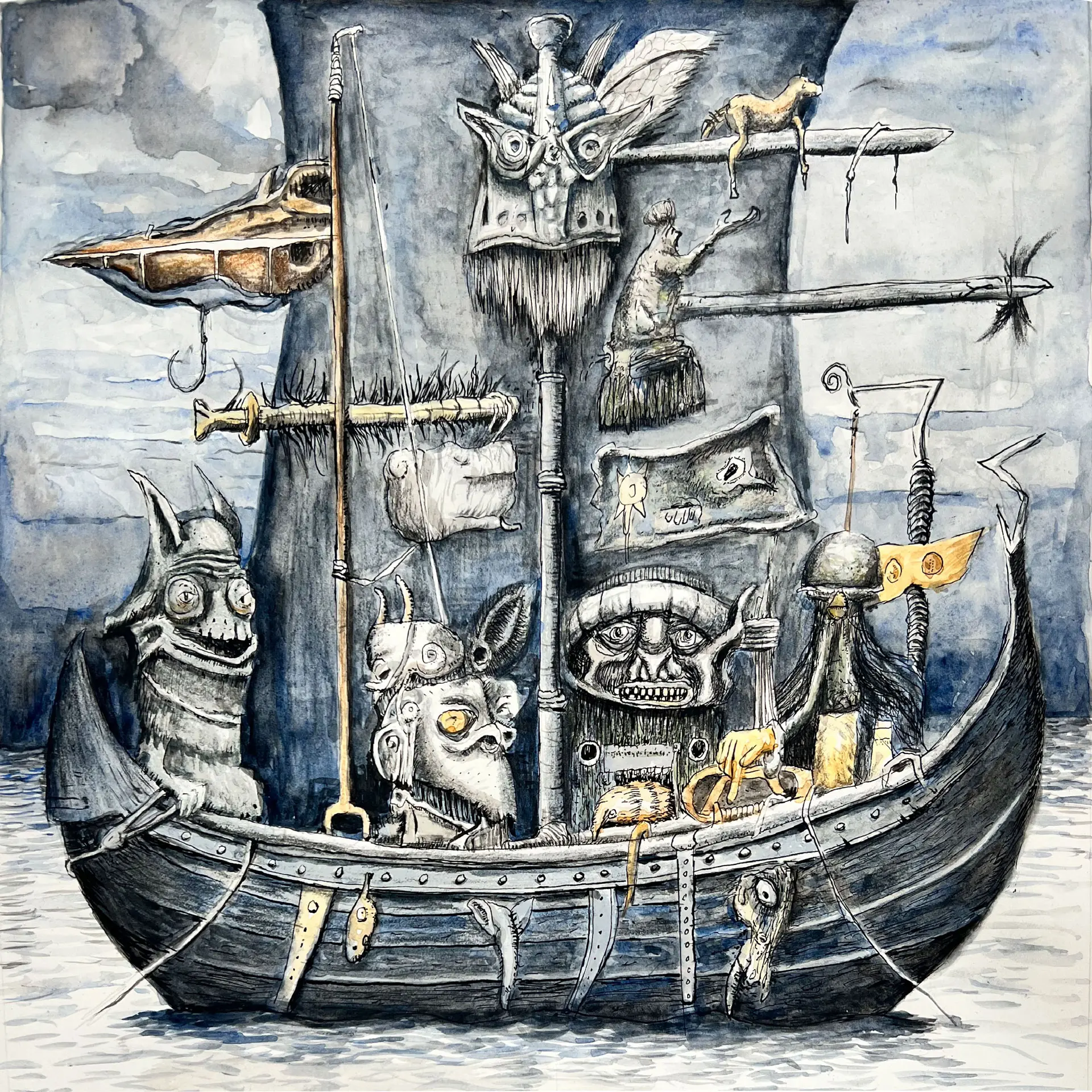Ink and watercolor scene: a small longboat with a skull figurehead and an eye-painted sail, crewed by a band of bug-eyed, horned goblin creatures, on a blue wash of open bay.