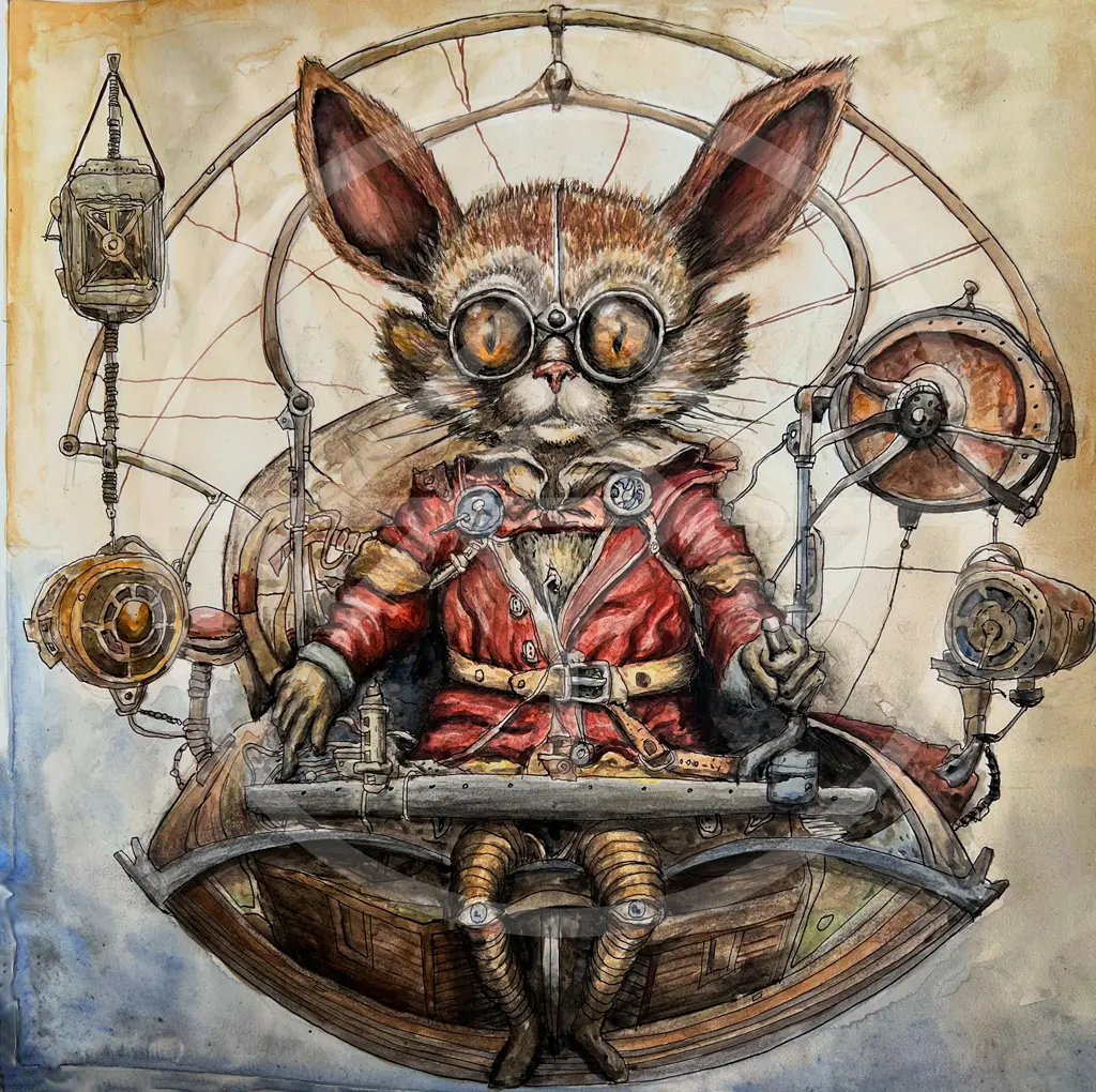 Ink and watercolor portrait: a large-eared, goggled creature in a red coat seated at the helm of a small airship, ringed by brass instruments and a compass-rose armillary.