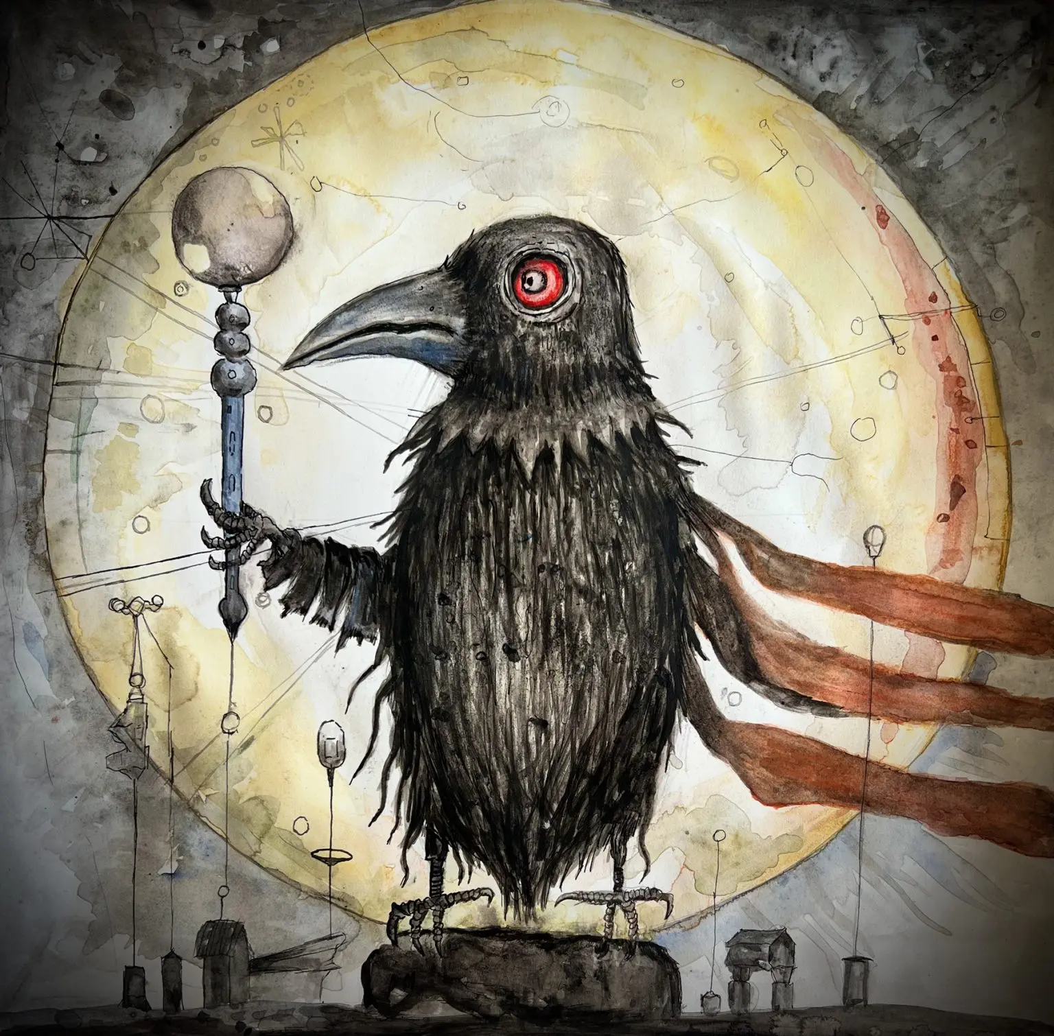 Ink and watercolor icon: a frontal black crow with a red-ringed eye on a plinth, holding a moon-topped staff and trailing red streamers before a pale-gold full moon ruled with faint star-chart lines; a small dark skyline at its feet.