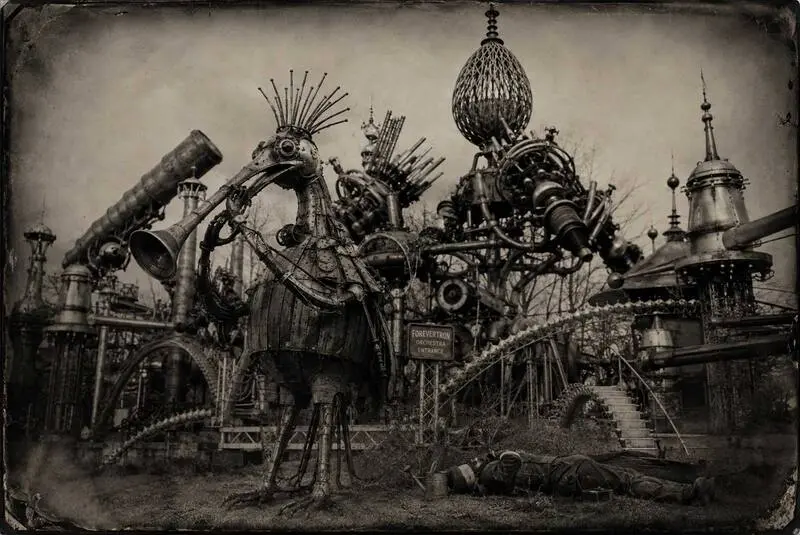 The Second Salvage, Forevertron, 2007. A black-and-white photograph of Dr. Evermor's scrap-metal sculpture park near Baraboo, Wisconsin. A towering bird built of salvaged horns and pipe stands beside the Forevertron Orchestra entrance under a bare-treed winter sky, and a lone figure lies motionless on the grass at the lower right.
