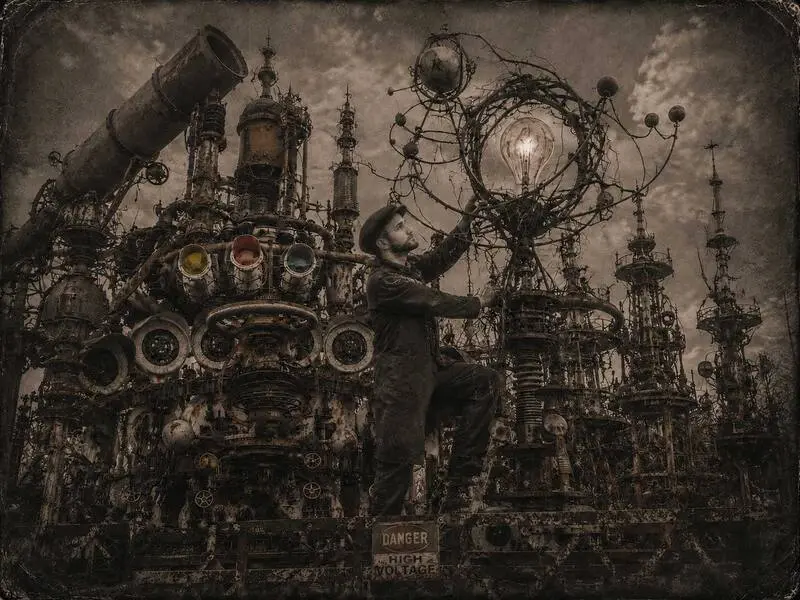 The Second Salvage, Forevertron, 2007. Black-and-white photograph. A man in cap and coveralls stands before a soaring machine of dials, portholes and colored lenses, reaching up to hold a single lit bulb ringed by salvaged metal, above a DANGER HIGH VOLTAGE sign.