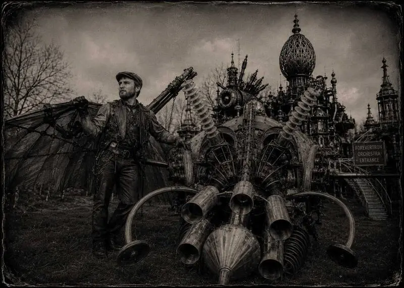 The Second Salvage, Forevertron, 2007. Black-and-white photograph. A bearded tinker in a leather coat stands beside a cluster of salvaged brass horns and ceramic insulators, the Forevertron's domed towers rising behind him.