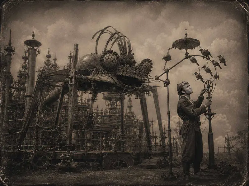 The Second Salvage, Forevertron, 2007. Black-and-white photograph. A figure works a small wheel on a standing rod while a flock of birds perches along a scrap-metal parasol, a great winged insect-machine looming over the scene.