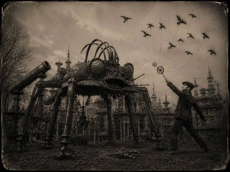 The Second Salvage, Forevertron, 2007. Black-and-white photograph. A man leans back and flies a flock of birds like kites on long strings from a hand-wheel, a many-legged spider-machine of salvaged iron crouched beside him under the Forevertron's spires.