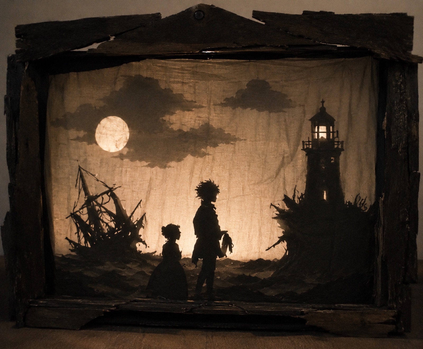 A backlit paper shadow-box study: silhouettes, a wreck, a lighthouse under a paper moon