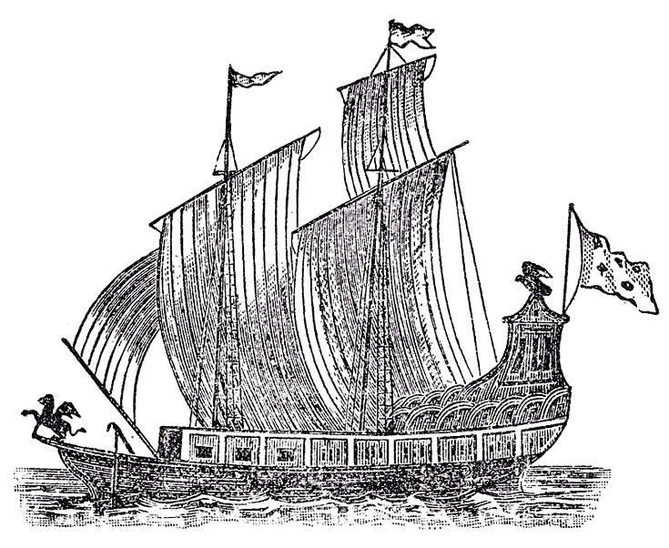 A later engraving of Le Griffon, La Salle's 1679 ship, under sail on the Great Lakes
