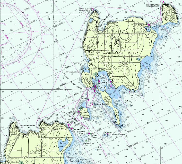 Nautical chart detail of the Porte des Morts passage between the Door Peninsula and Washington Island